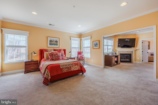 14926 Victory Ln, Glenelg, MD 21737 - carpeted bedroom featuring recessed lighting, ornamental molding, a fireplace with flush hearth, baseboards, and visible vents