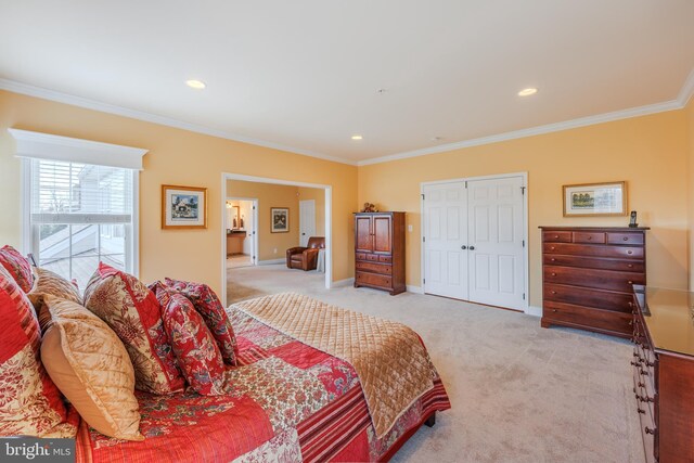 14926 Victory Ln, Glenelg, MD 21737 - bedroom featuring baseboards, recessed lighting, crown molding, and light carpet