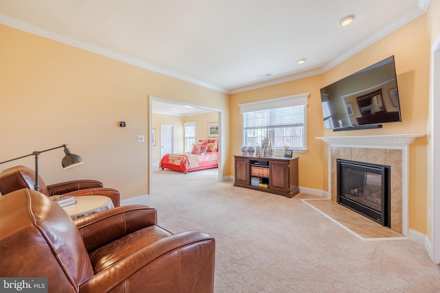 14926 Victory Ln, Glenelg, MD 21737 - carpeted living room with ornamental molding, baseboards, a fireplace, and visible vents