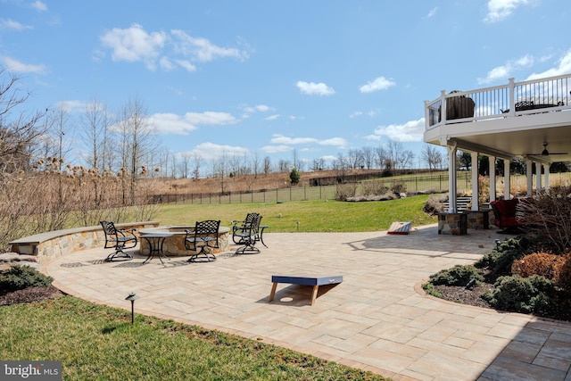 14926 Victory Ln, Glenelg, MD 21737 - view of patio / terrace featuring a fire pit, ceiling fan, and fence