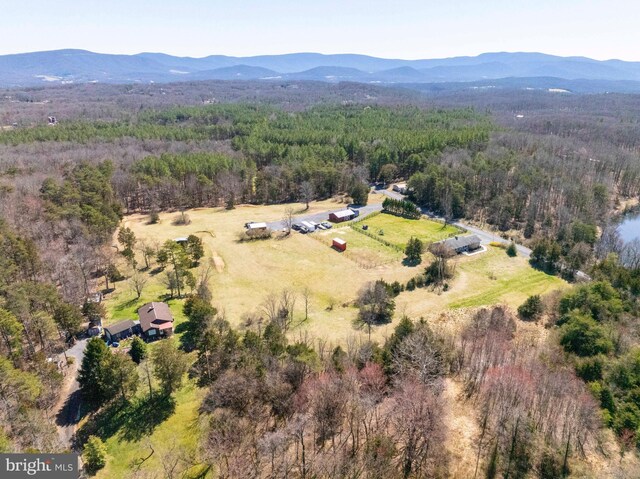 birds eye view of property featuring a mountain view and a view of trees