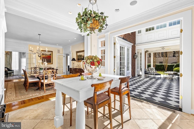 24 Whitfield Rd, Baltimore, MD 21210 - dining area with recessed lighting, visible vents, an inviting chandelier, and ornamental molding