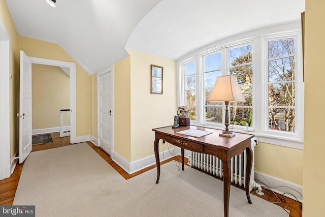 24 Whitfield Rd, Baltimore, MD 21210 - office area featuring baseboards, wood finished floors, and vaulted ceiling