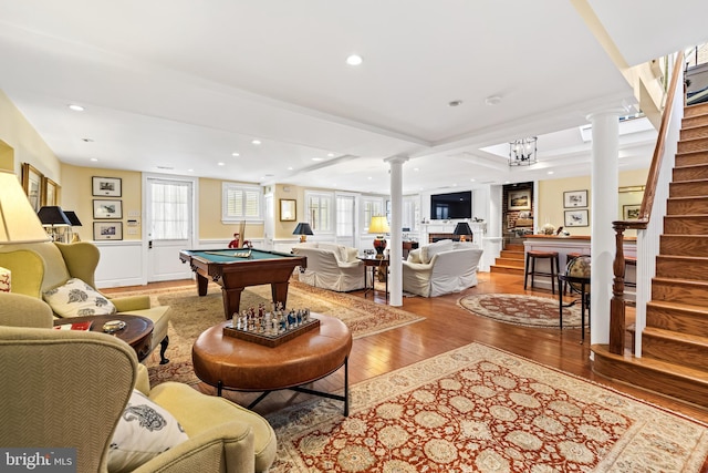 24 Whitfield Rd, Baltimore, MD 21210 - game room featuring recessed lighting, wood finished floors, billiards, and ornate columns