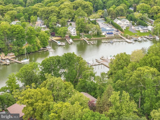 aerial overview of property's location with a nearby body of water and a marina