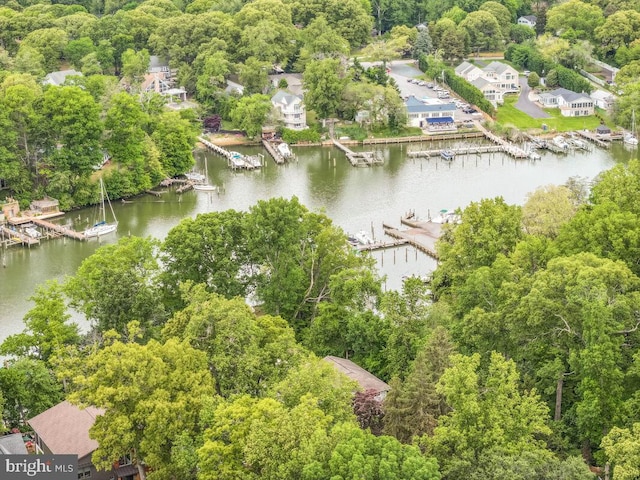 aerial view of property and surrounding area featuring a nearby body of water and a marina
