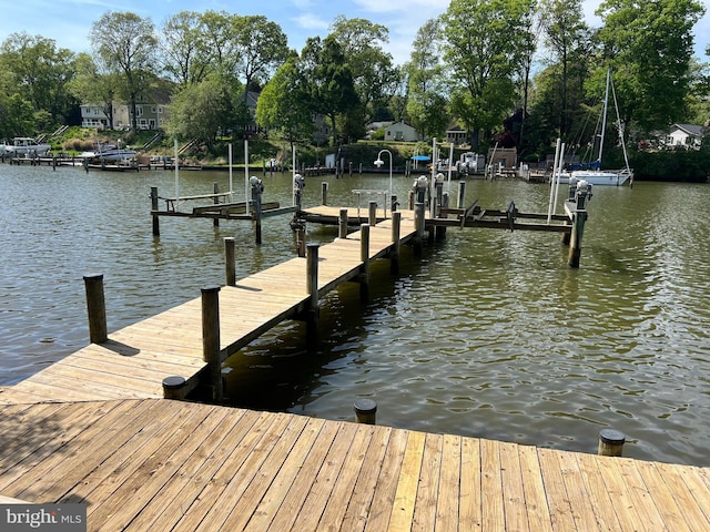 dock area with boat lift and a water view