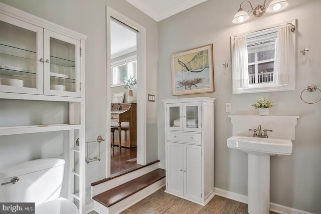 bathroom with baseboards, ornamental molding, and a sink