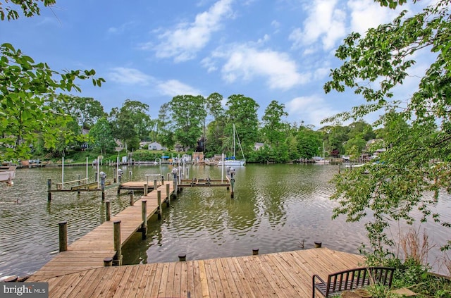 dock area with boat lift and a water view