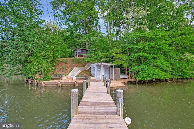 dock area with stairs and a water view