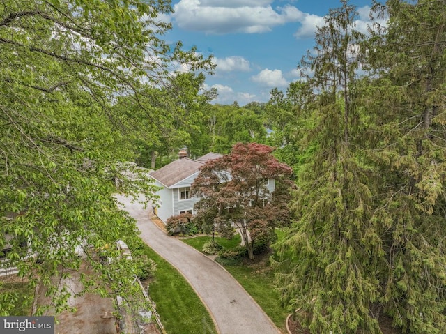 view of front of property with a chimney and a forest view
