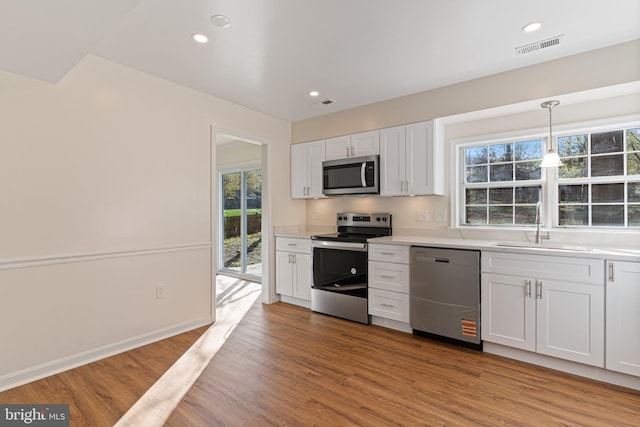 kitchen featuring a wealth of natural light, stainless steel appliances, light countertops, and a sink