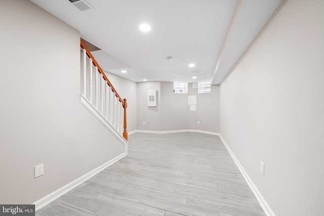 738 N Patterson Park Ave, Baltimore, MD 21205 - basement with stairway, baseboards, visible vents, recessed lighting, and light wood-type flooring