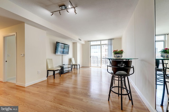 sitting room featuring light wood-type flooring, track lighting, a textured ceiling, floor to ceiling windows, and baseboards