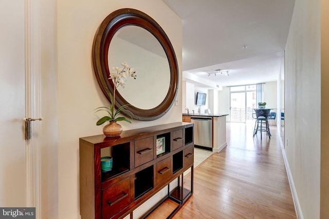 hall featuring baseboards, rail lighting, and light wood finished floors