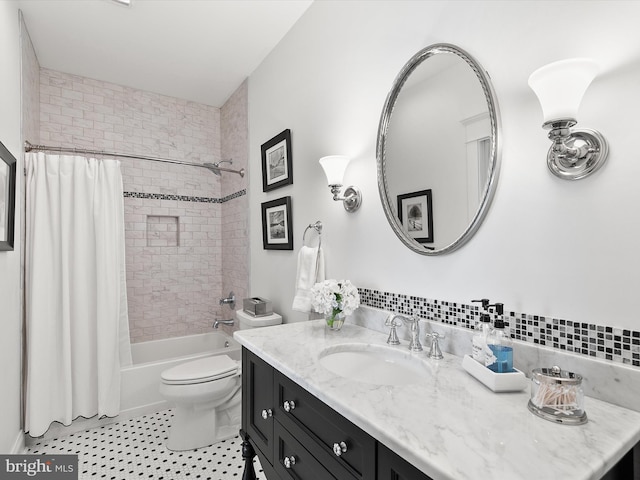 full bath featuring toilet, vanity, and shower / bathtub combination with curtain