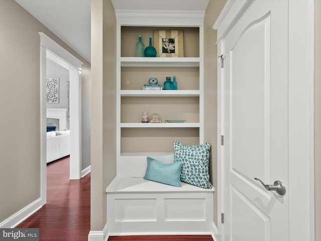 mudroom with built in shelves, a fireplace, dark wood-type flooring, and baseboards