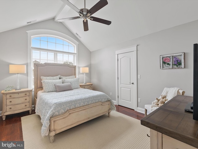 bedroom with dark wood finished floors, lofted ceiling with beams, visible vents, and ceiling fan