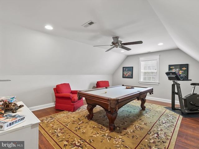 recreation room with dark wood finished floors, billiards, and baseboards