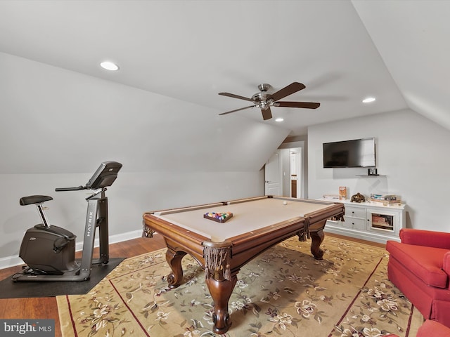playroom with billiards, wood finished floors, baseboards, lofted ceiling, and ceiling fan