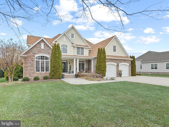 traditional-style house with a shingled roof, a front lawn, covered porch, stone siding, and driveway