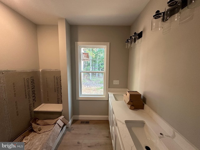 bathroom with visible vents, double sink, baseboards, and wood finished floors