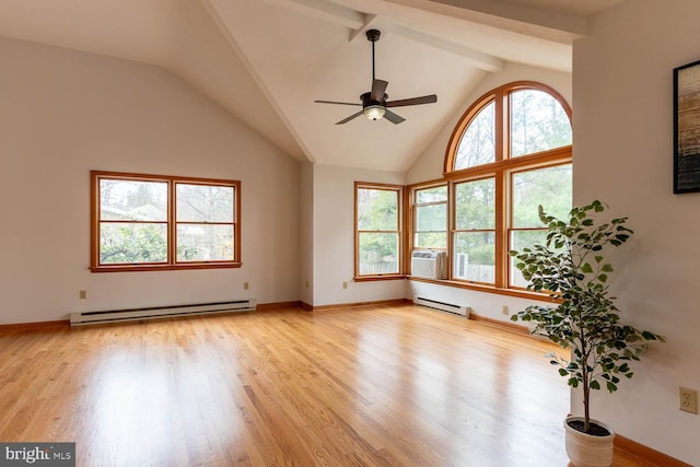 spare room with baseboard heating, a ceiling fan, beam ceiling, and light wood-style flooring