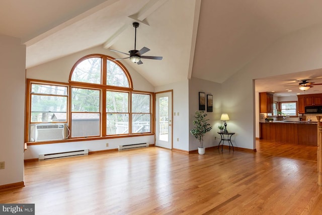 unfurnished living room with light wood finished floors, a baseboard radiator, and ceiling fan