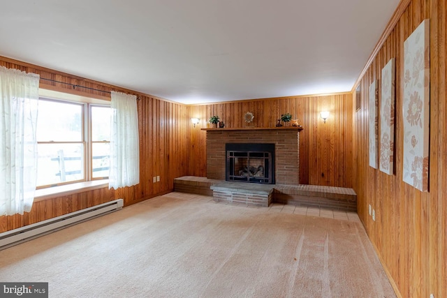 unfurnished living room featuring wooden walls, carpet, a baseboard heating unit, and a fireplace