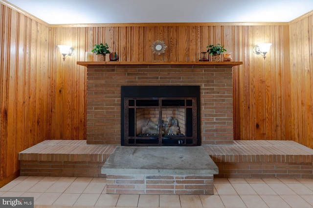 interior details featuring wood walls and a fireplace