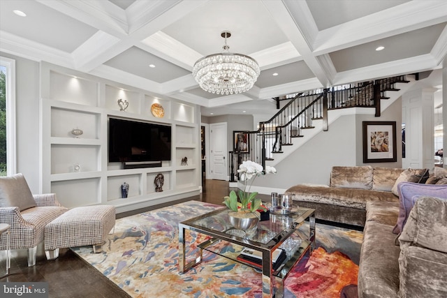 living area with stairs, recessed lighting, an inviting chandelier, and coffered ceiling