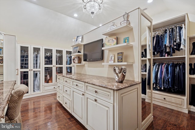 kitchen with recessed lighting, open shelves, dark wood-style flooring, and light stone countertops
