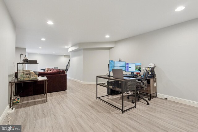 office with recessed lighting, baseboards, and wood finished floors