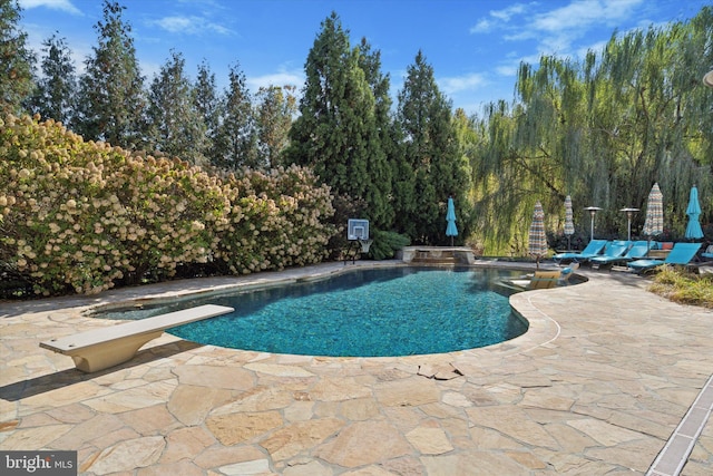 pool featuring a diving board and a patio area