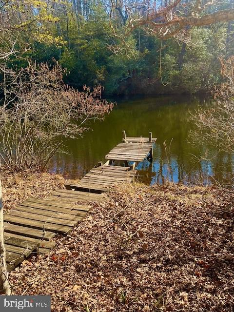 dock area featuring a wooded view and a water view