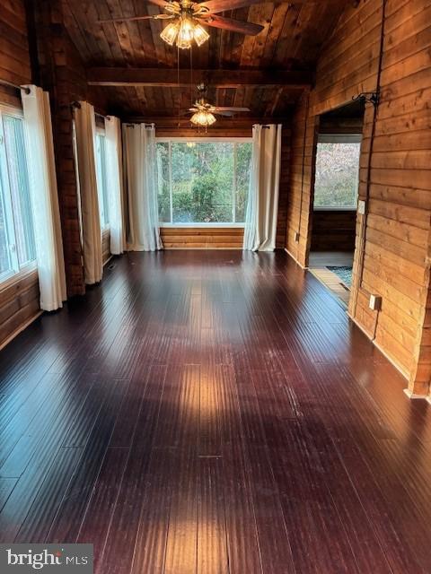 interior space featuring hardwood / wood-style floors, wooden walls, and wooden ceiling