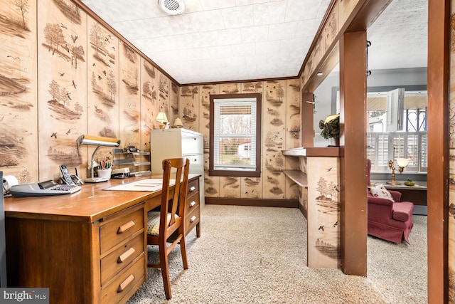 office space featuring light colored carpet, visible vents, and ornamental molding