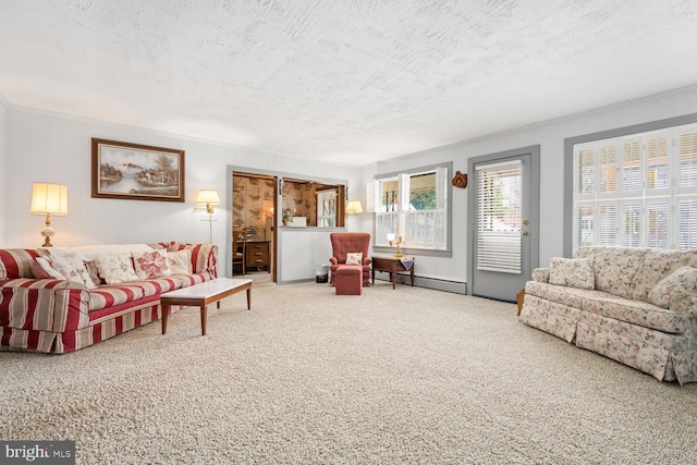 living room with baseboard heating, carpet, and a textured ceiling