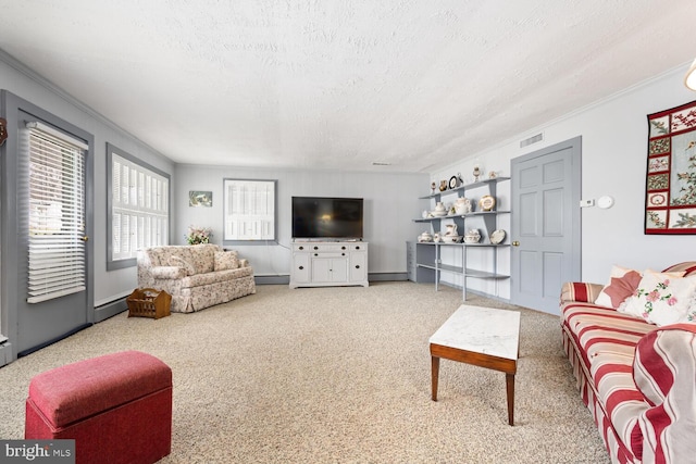 living room with a textured ceiling, visible vents, carpet floors, a baseboard radiator, and ornamental molding