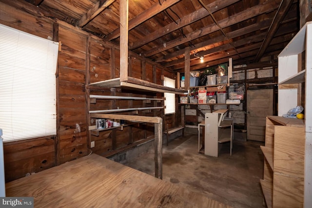 basement with wood walls and wooden ceiling