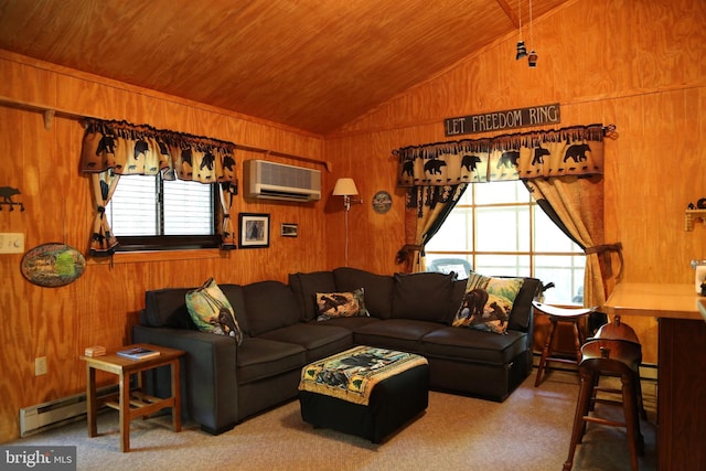 living area featuring a wall mounted air conditioner, wooden walls, carpet flooring, lofted ceiling, and wood ceiling