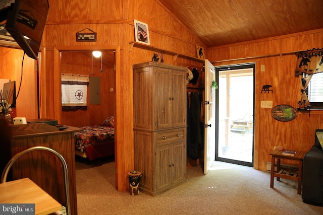 interior space featuring access to exterior, wooden walls, and multiple windows