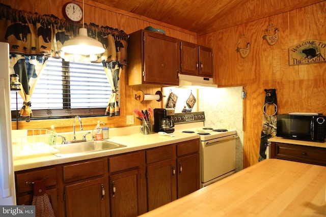 kitchen with a sink, under cabinet range hood, white electric range oven, black microwave, and wood ceiling