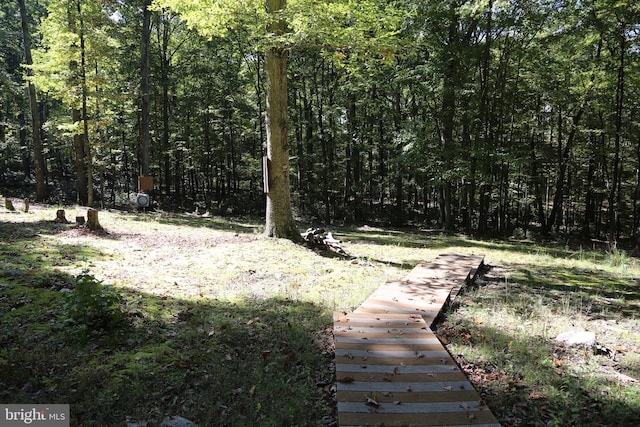 view of yard featuring a forest view