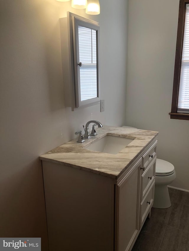 bathroom featuring toilet, vanity, a healthy amount of sunlight, and wood finished floors