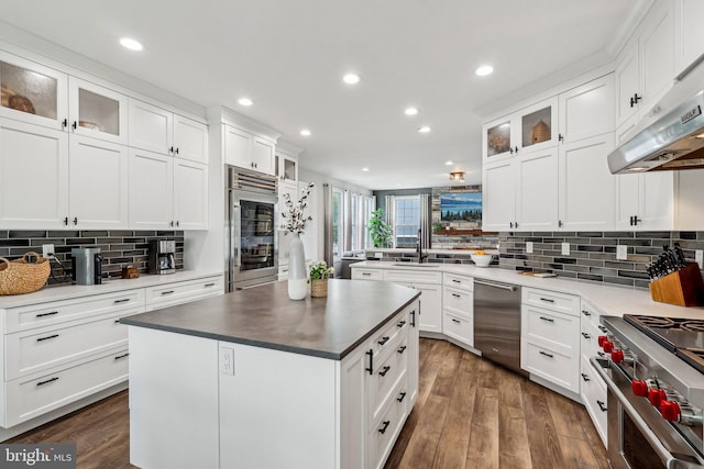 52 Olivia Way, Chesterfield, NJ 08515 - kitchen with stainless steel appliances, a sink, under cabinet range hood, backsplash, and white cabinetry