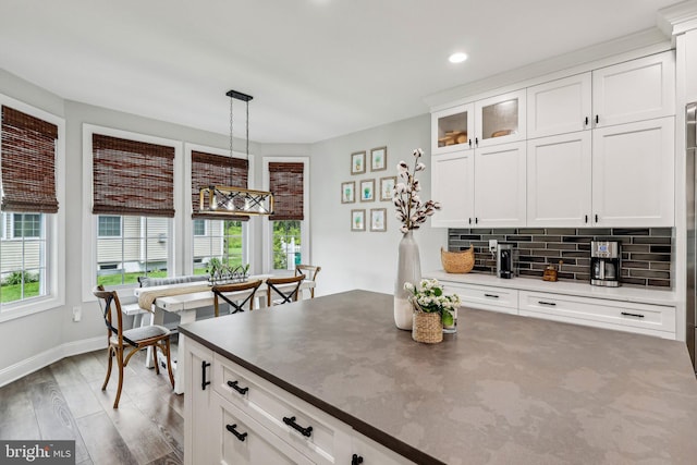 52 Olivia Way, Chesterfield, NJ 08515 - kitchen with white cabinets, tasteful backsplash, decorative light fixtures, glass insert cabinets, and recessed lighting
