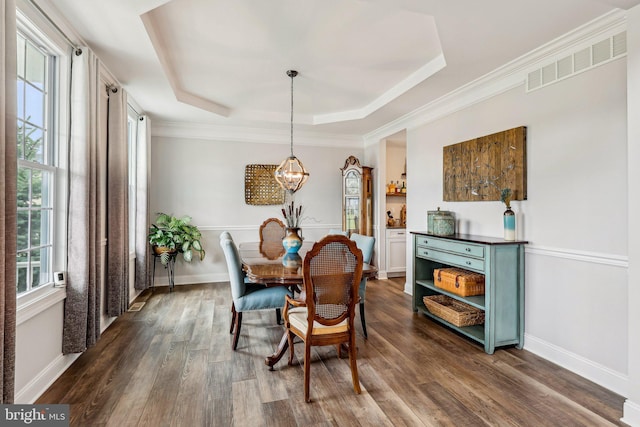 52 Olivia Way, Chesterfield, NJ 08515 - dining area with a raised ceiling, a chandelier, dark wood finished floors, ornamental molding, and baseboards