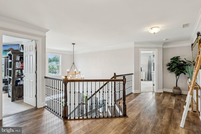 52 Olivia Way, Chesterfield, NJ 08515 - corridor featuring an upstairs landing, a chandelier, wood-type flooring, ornamental molding, and baseboards