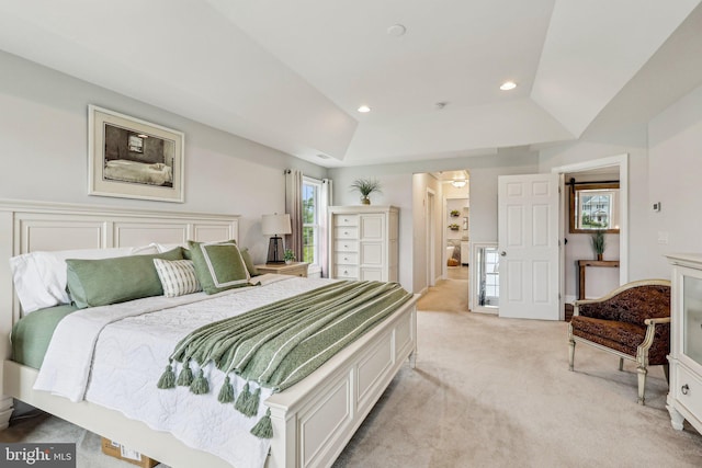 52 Olivia Way, Chesterfield, NJ 08515 - bedroom featuring light carpet, vaulted ceiling, and recessed lighting